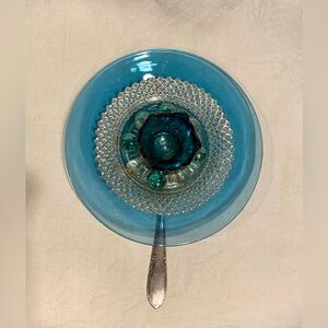Blue, Teal and Clear Glass Plate Flower - Garden Art - upcycled